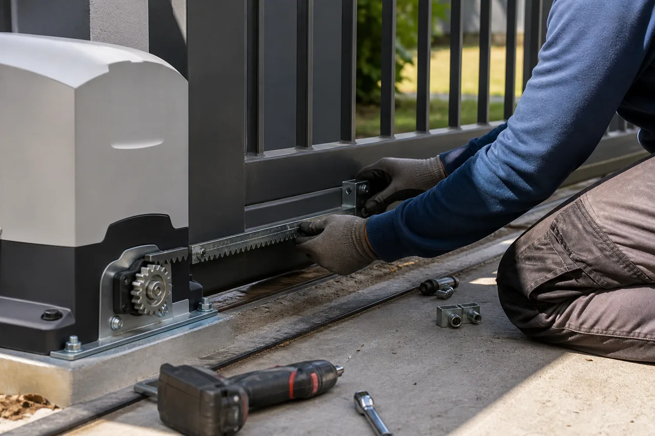 Instalación de la cremallera de un motor para portón corredizo, con herramientas en el piso