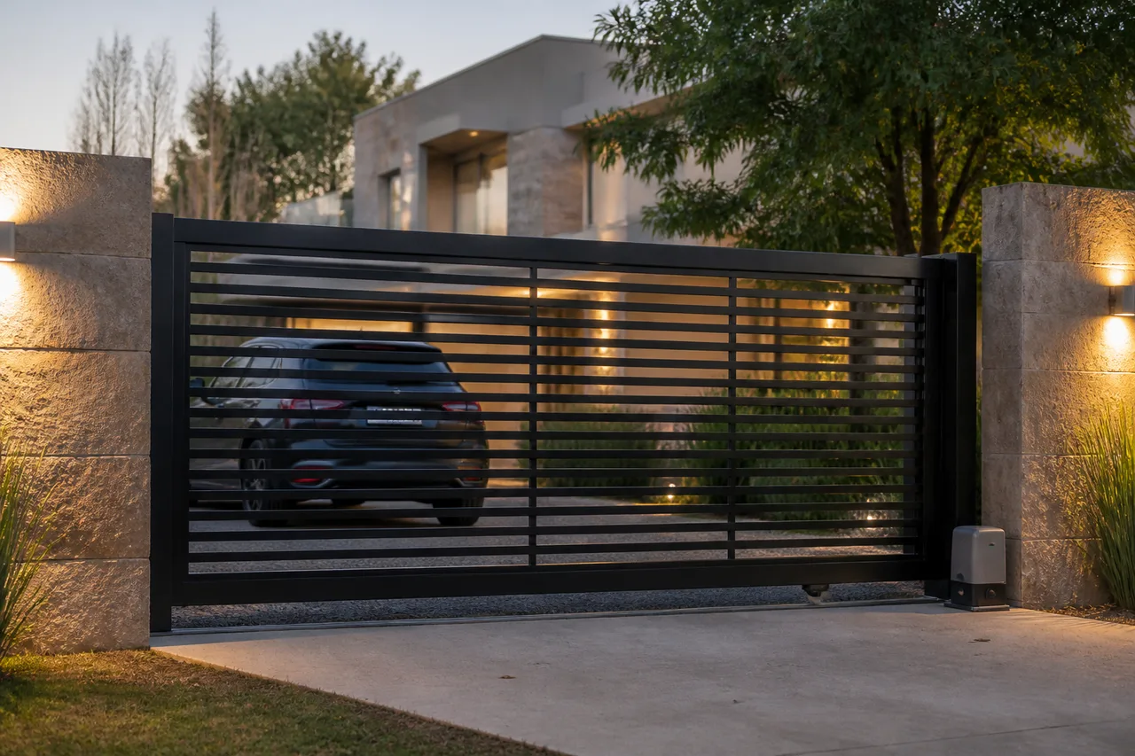 Portón corredizo automático abierto al atardecer, con una casa moderna iluminada de fondo